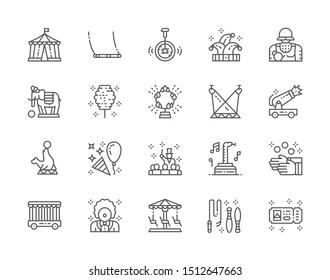 Set of Circus Line Icons. Clown, Swing, Jester Hat, Elephant, Fur Seal, Juggler and more.