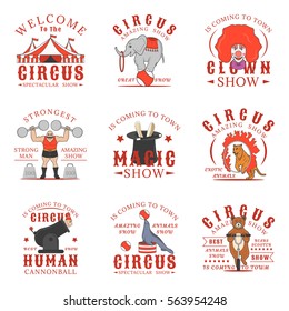 Set of circus logos, emblems, labels and badges. Set of vector templates isolated on white background. Amazing show, strong man, animals show, magic show, human cannonball,clown show design elements