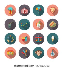 Set of circus monkey lion clown flat isolated icons with long shadows on circles vector illustration