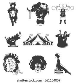 Set of circus monochrome icons, design elements isolated on white background. Flat style.