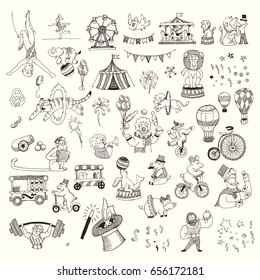 Set of Circus people, animals, elements isolated on white. Black contour for coloring.