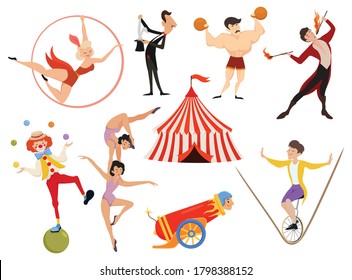 Set of circus characters.Сollection of people performing tricks equilibrist, juggler, gymnasts, clown. Hilarious characters of an entertaining show. Colorful illustration for children.