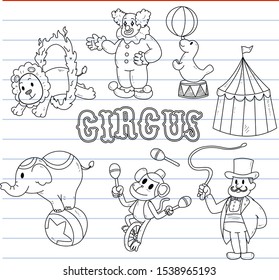 set of circus performer in doodle style for decoration.