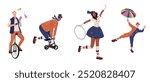A set of circus performers. A girl with a hoop, a guy on a small bicycle, a juggler, a clown. For a carnival, a street party. Flat graphic vector illustrations isolated on white background