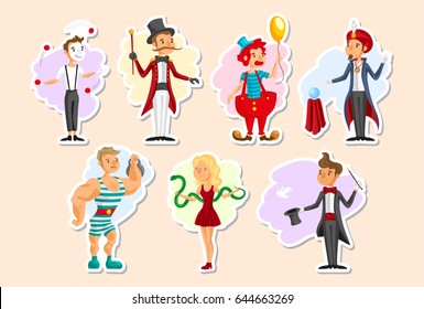 The set circus performers-creating a circus show in the arena, narisovana in flat cartoon style isolated on white background