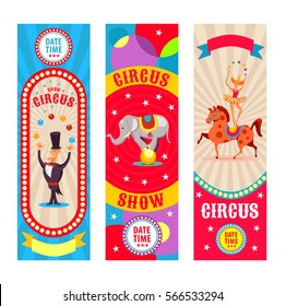 A set of circus posters, invitation to the circus. Vector illustration. Juggler, circus elephant, horse.