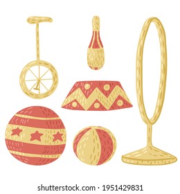 Set Circus Props Isolated On White Background. Collection Carnival Equipment For Shows. Training Instruments Ring, Podium, Balls, Unicycle, Juggle Clubs. Design Vector Illustration.