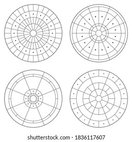 Set of circus radial pattern flooring. Circular tiles in vector line. Symmetrical mosaic tiles tiles with texture. Diamond shape tiles detail.