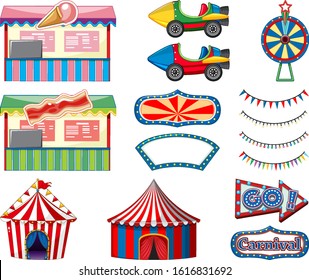 Set of circus rides and game booth on white background illustration