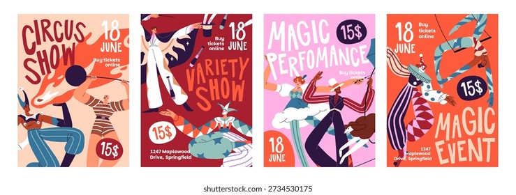 Set of circus show event posters designs. Advertising templates of cirque performance with clowns, magicians, jugglers and acrobats. Promotion layouts with artists on stage. Flat vector illustrations