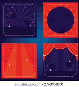 Set of Circus Stage Backgrounds with Red Curtains and Magic Stars, Performance Show Invitation Templates and Theater Frame Designs.