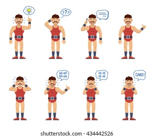 Set of circus strongman characters posing in different situations. Cheerful wrestler talking on phone, thinking, pointing up, crying, surprised, laughing. Flat style vector illustration