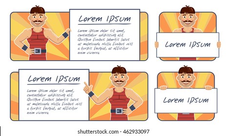 Set of circus strongman characters posing with different banners. Cheerful wrestler holding paper, poster, placard. Teach, advertise, promote. Flat style vector illustration