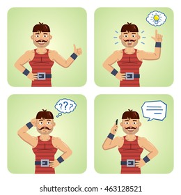 Set of circus strongman characters posing in different situations. Cheerful wrestler talking on phone, pointing up, thinking, showing thumb up gesture. Flat style vector illustration