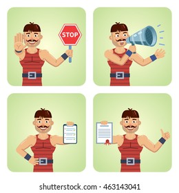 Set of circus strongman characters posing in different situations. Cheerful wrestler holding stop sign, loudspeaker, clipboard, document, contract, paper. Flat style vector illustration