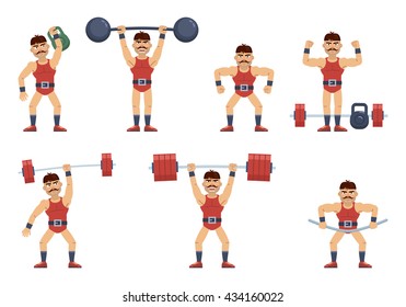 Set of circus strongman characters working out at the gym. Cheerful wrestler lifting kettlebell, barbell, dumbbells. Training session, weight lifting. Flat style vector illustration