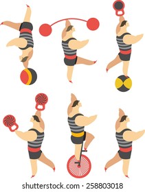 set of circus strongman men in tights in various poses on a white background