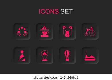 Set Circus tent, Attraction carousel, Juggling ball, Hot air balloon, Vintage bicycle, Bumper, Bear head and Party hat icon. Vector