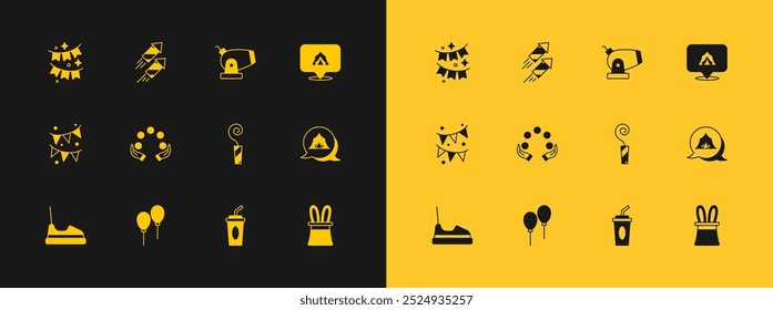 Set Circus tent, Balloons with ribbon, Birthday party horn, Paper glass water, Juggling ball, Cannon, Carnival garland flags and Firework rocket icon. Vector
