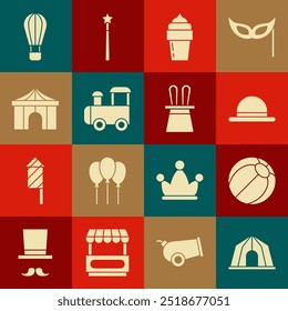 Set Circus tent, Beach ball, Clown hat, Ice cream, Toy train, Hot air balloon and Magician and rabbit ears icon. Vector