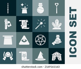 Set Circus Zelt, Flasche mit Tränke, Zauberstein, Zauberbuch, Liebe, Zauberstab und Ikone. Vektorgrafik
