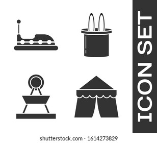 Set Circus tent, Bumper car, Attraction carousel and Magician hat and rabbit ears icon. Vector