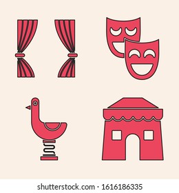 Set Circus tent, Curtain, Comedy theatrical masks and Riding kid duck icon. Vector