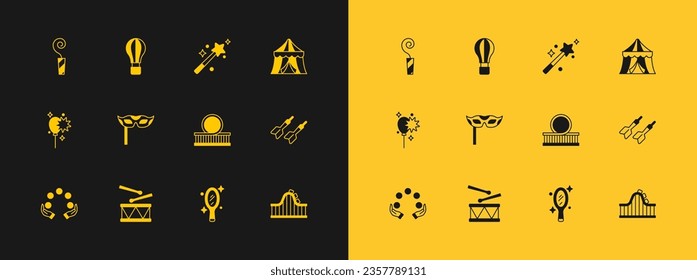 Set Circus tent, Drum with drum sticks, Roller coaster, Magic hand mirror, Festive mask, wand, Birthday party horn and Hot air balloon icon. Vector