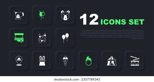 Set Circus tent, Drum with drum sticks, Carnival garland flags, fire hoop, Fast street food cart, Magician hat rabbit ears, Balloons ribbon and Ice cream in waffle icon. Vector