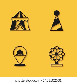 Set Circus tent, Ferris wheel,  and Party hat icon with long shadow. Vector