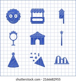 Set Circus tent, Festive confetti, Roller coaster, Magic wand, Party hat, fire hoop, Firework rocket and Clown head icon. Vector