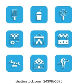 Set Circus tent, Hot air balloon, Ticket box office, Seesaw, Fast street food cart, Lollipop and Ice cream icon. Vector