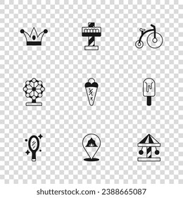 Set Circus tent, Ice cream, Attraction carousel, in waffle, Vintage bicycle, Jester hat with bells,  and Ferris wheel icon. Vector