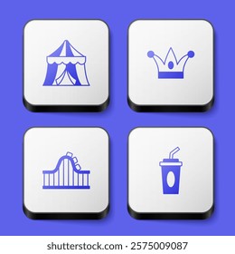 Set Circus tent, Jester hat with bells, Roller coaster and Paper glass water icon. White square button. Vector