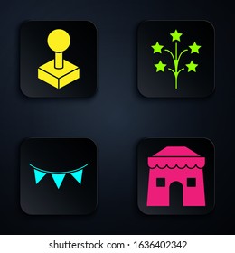 Set Circus tent, Joystick for arcade machine, Carnival garland with flags and Fireworks. Black square button. Vector