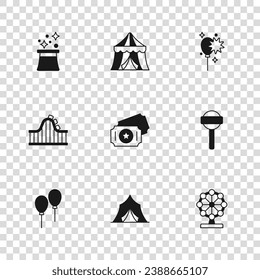 Set Circus tent, Lollipop, Ferris wheel, ticket, Balloons with ribbon, Magician hat,  and Roller coaster icon. Vector