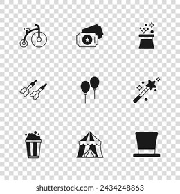 Set Circus tent, Magic wand, Cylinder hat, Balloons with ribbon, Magician, Vintage bicycle, ticket and Dart arrow icon. Vector