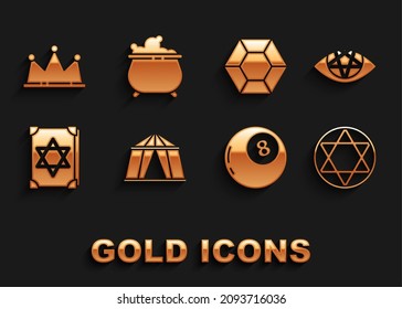 Set Circus Zelt, Pentagram, Star of David, Magic Ball Vorhersagen, alte Magie Buch, Stein, Kronen und Hexenkessel Symbol. Vektorgrafik