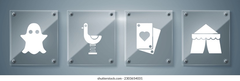 Set Circus tent, Playing card, Riding kid duck and Ghost. Square glass panels. Vector