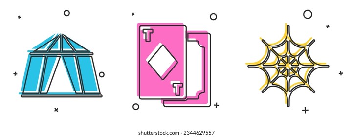 Set Circus tent, Playing cards and Spider web icon. Vector