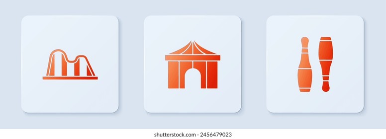 Set Circus tent, Roller coaster and Bowling pin. White square button. Vector