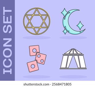 Set Circus tent, Star of David, Game dice and Moon and stars icon. Vector