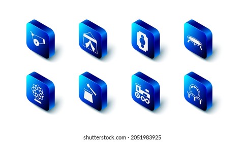 Set Circus tent, ticket, Jumping trampoline, Roller coaster, Toy train, Magic hat and wand, Ferris wheel and Cannon icon. Vector