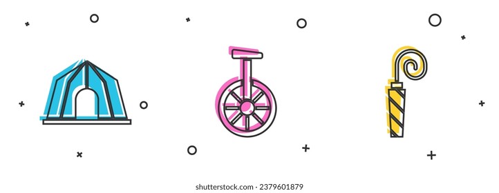 Set Circus tent, Unicycle or one wheel bicycle and Birthday party horn icon. Vector