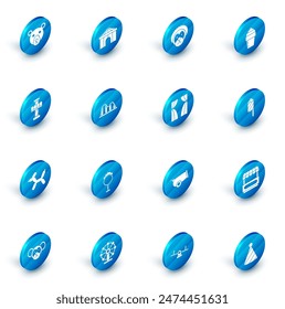 Set Zirkuszelt, Wilder Löwe, Eis, Attraktionskarussell, Ballonhund, Achterbahn, Feuerwerksrakete und Vorhang erhöht Ikone. Vektorgrafik