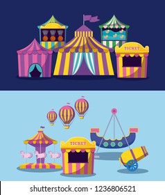 set circus tents with garlands isolated icon set circus tents with garlands isolated icon
