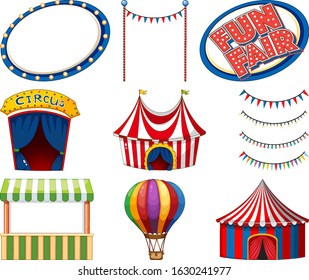 Conjunto de carpas y señales de circo en la ilustración de fondo blanco