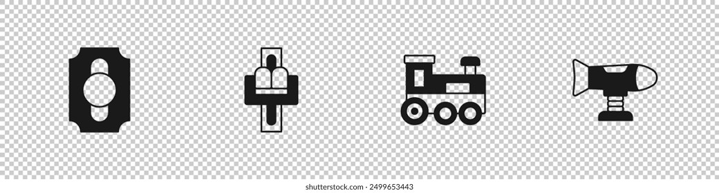 Conjunto de boleto de circo, carrusel de atracción, tren de juguete e icono de avión de oscilación. Vector