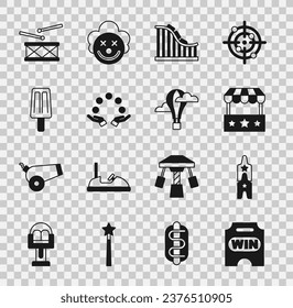 Set Circus ticket, Ticket box office, Roller coaster, Juggling ball, Ice cream, Drum with drum sticks and Hot air balloon icon. Vector