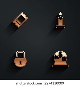 Set Circus ticket, Burning candle, Open padlock and Magic ball icon with long shadow. Vector